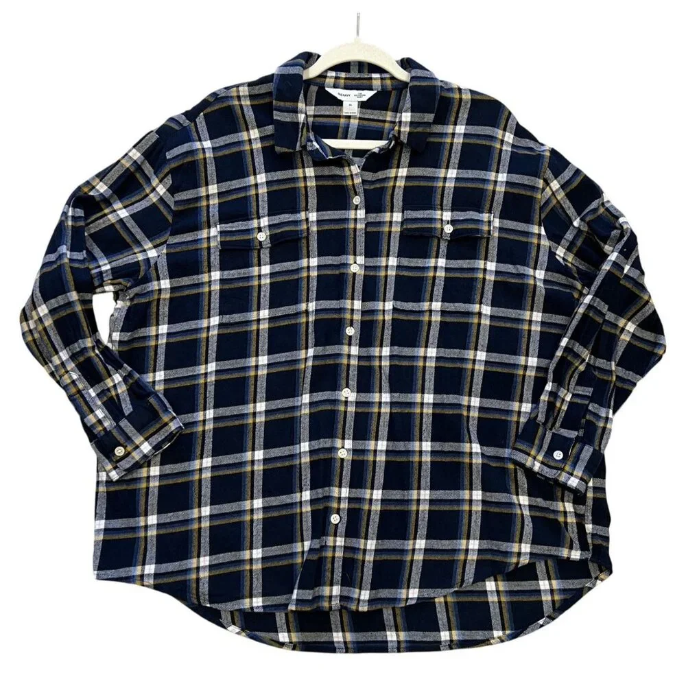 Old Navy Womens XL Boyfriend Shirt 100% Cotton Plaid Navy White - Picture 1 of 7